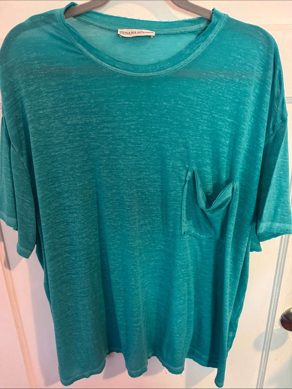 Zenana Outfitters Teal and Pink Short-Sleeve Pocket Tee